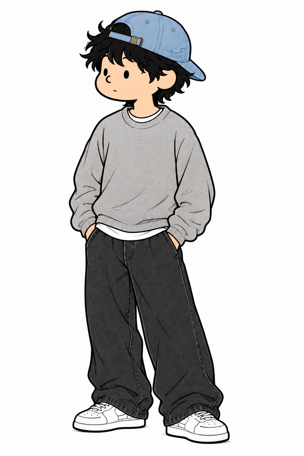 ブルーのキャップをグレーのスウェットとワイドパンツに合わせた男性のイラスト