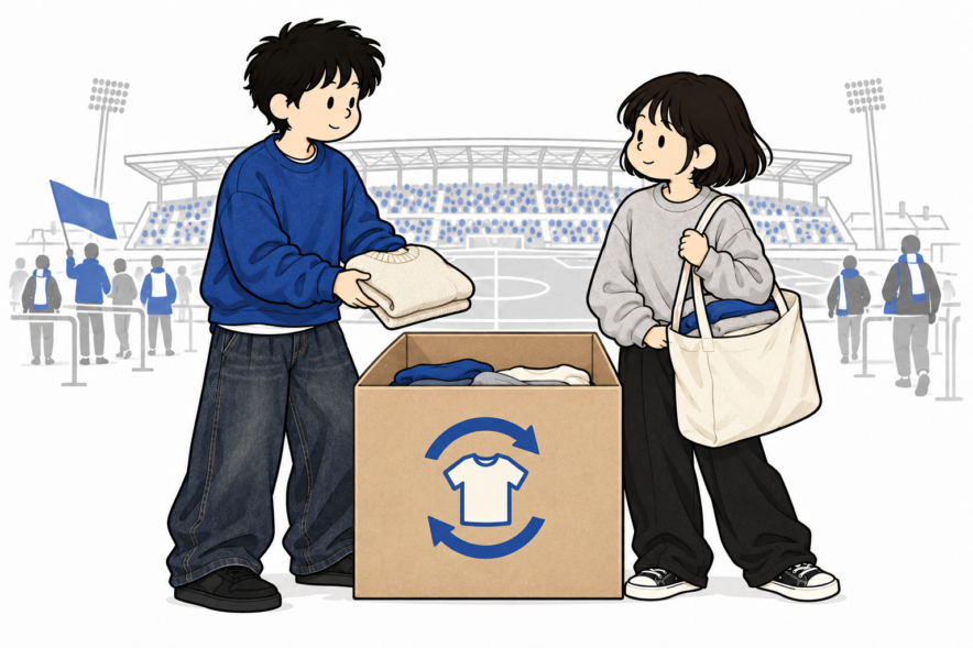 スタジアムの衣類回収ボックスへ服を持ち寄るふたりのキャラクター