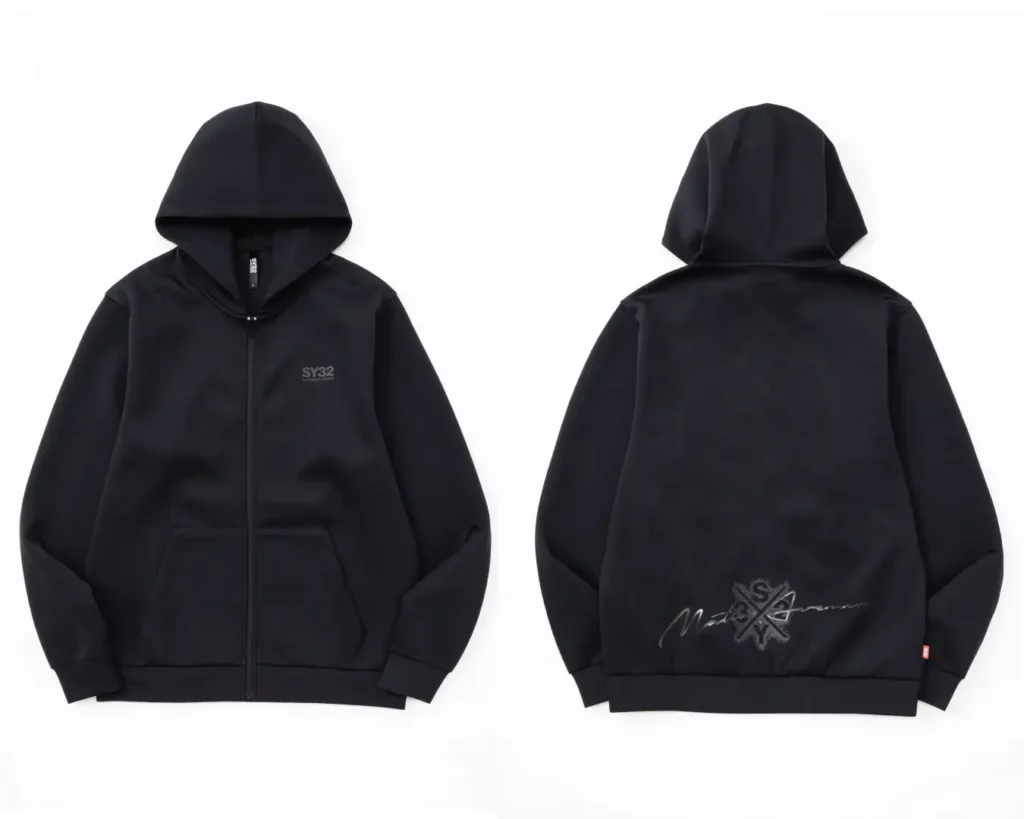 SY32とMATIN AVENIRの黒いジップフーディーの前面と背面